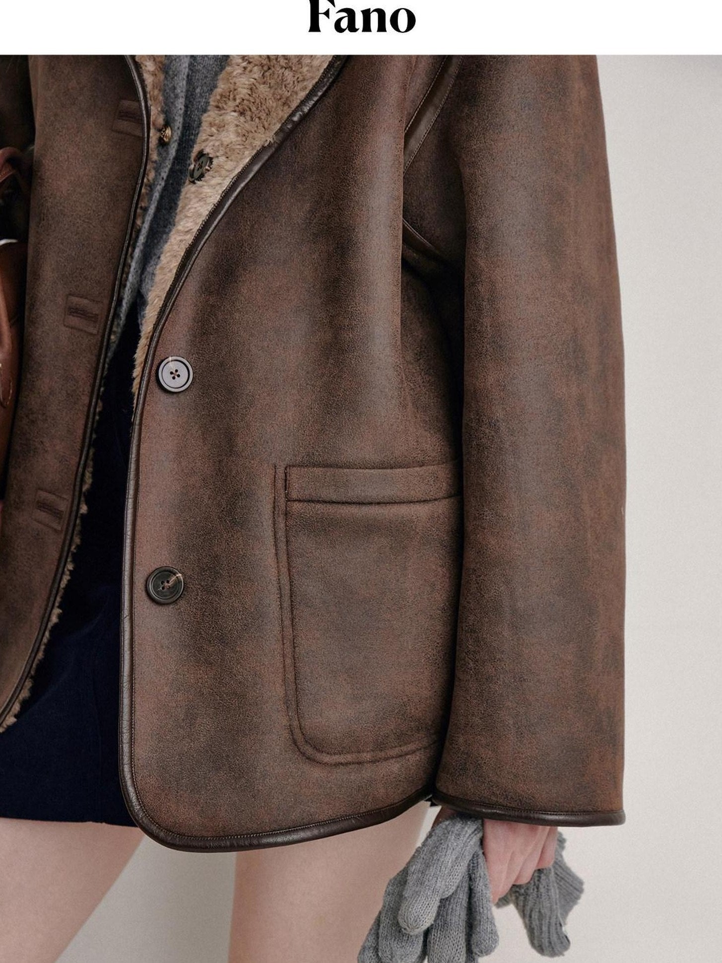 fano Reversible Vintage Straight Stand Collar Women Coffee Brown Short Coat