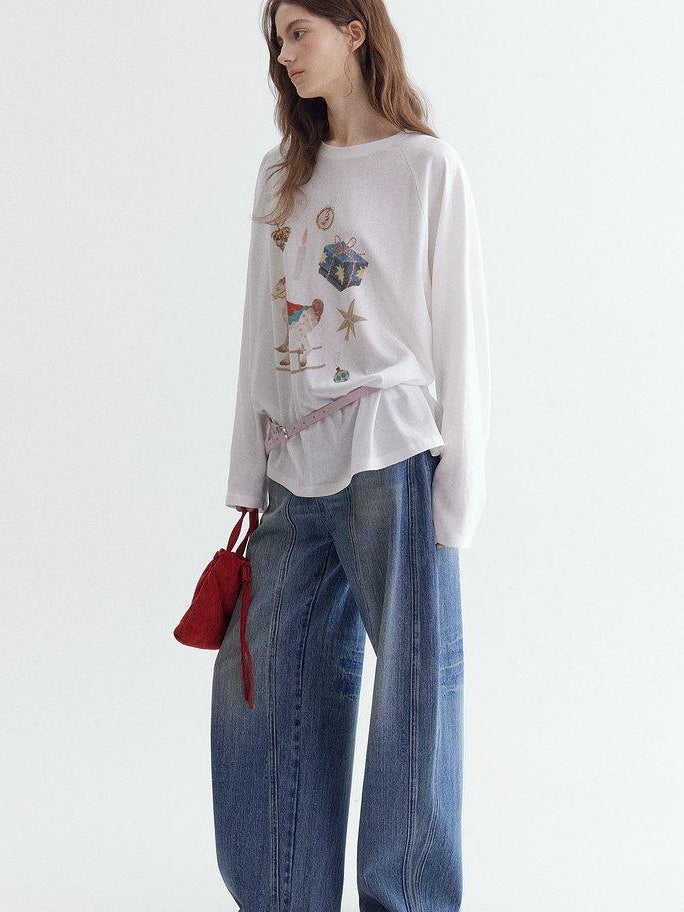 fano Cotton Blend Printed Crewneck Loose Fit Women White Long Sleeve T-Shirts