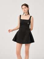 ikyou Waist Cinch Casual A Line Square Neck Sleeveless Black Midi Dresses