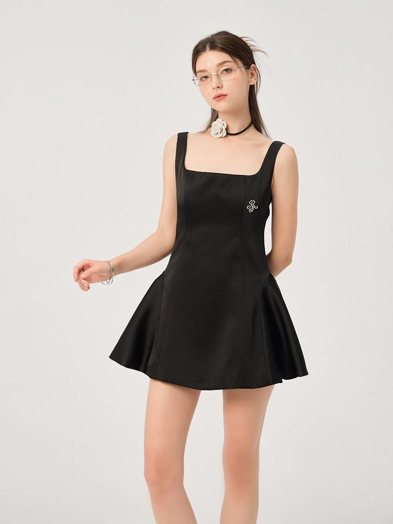 ikyou Waist Cinch Casual A Line Square Neck Sleeveless Black Midi Dresses