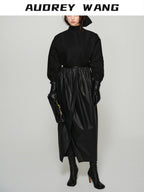 audreyyang Shape Retaining Cotton Pleated Bubble Midrise Elastic Front Slit Midi Skirts