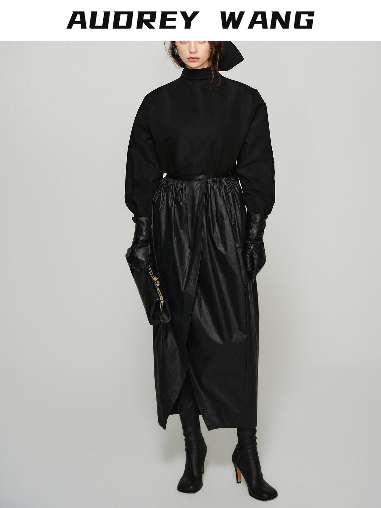 audreyyang Shape Retaining Cotton Pleated Bubble Midrise Elastic Front Slit Midi Skirts