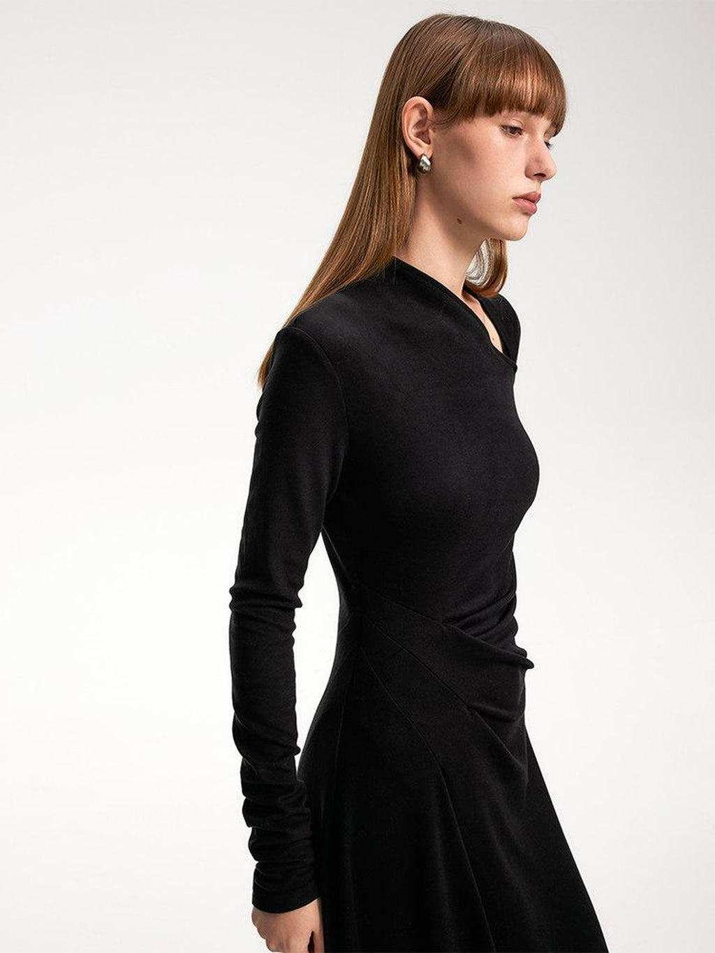 someone sometimes Elegant Long Sleeve Acrylic Blend Asymmetric Hem Women Black Maxi Dresses