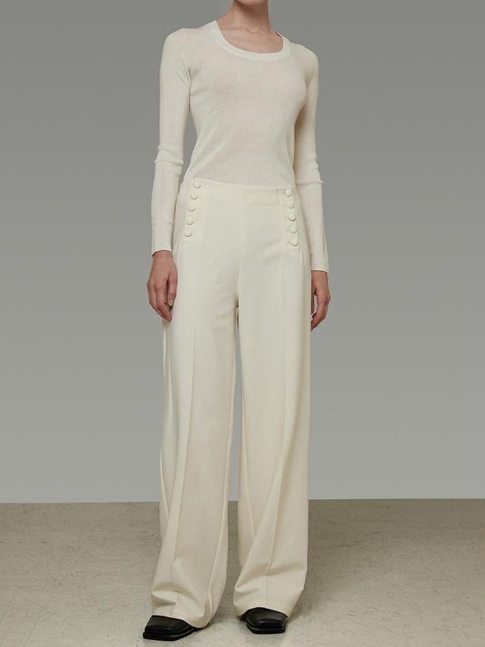 unspoken Breathable High Waist Button Detail Minimal Womens Office White Wide Leg Pants