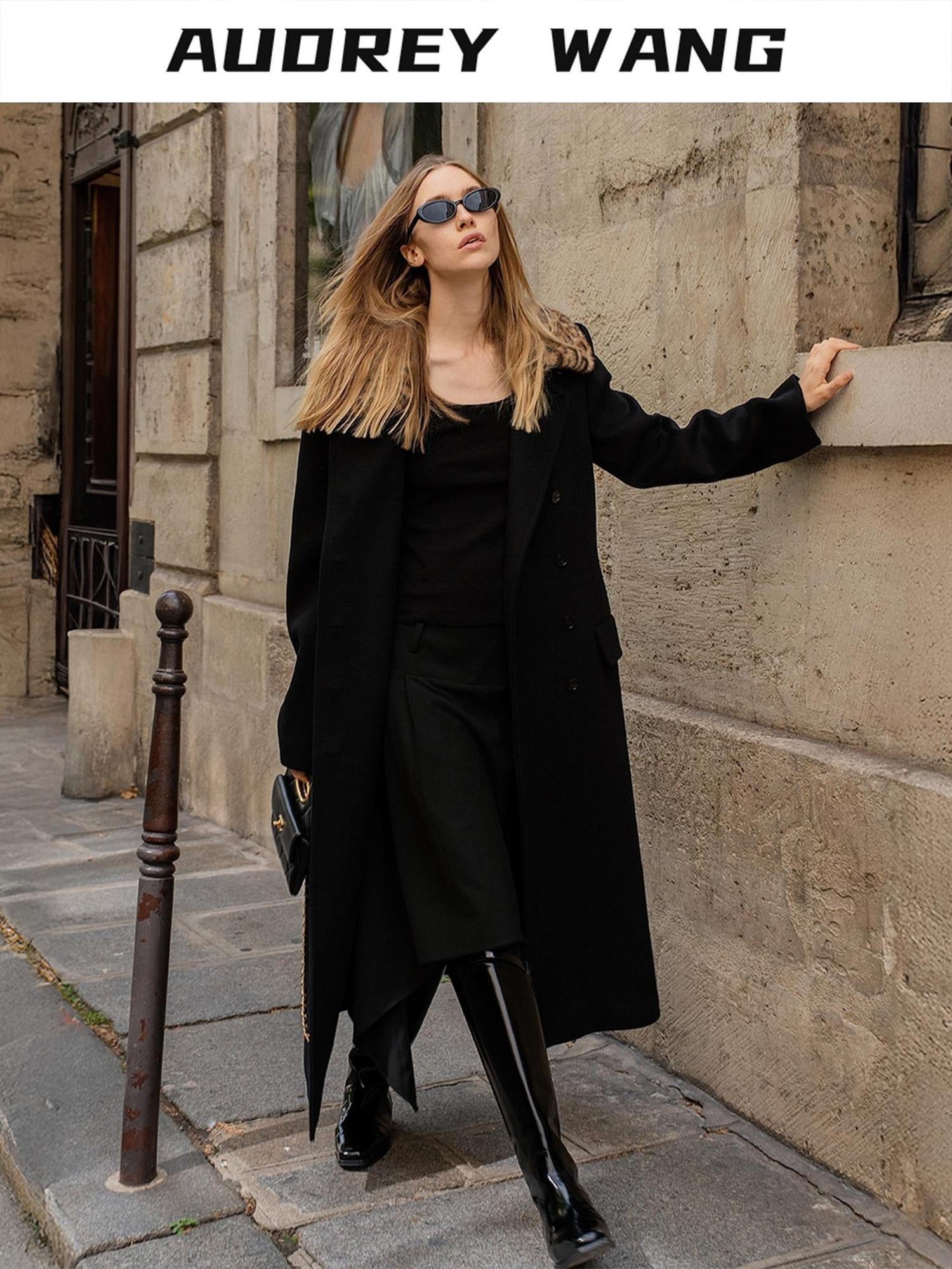 audreyyang 100% Sheep Wool Double Breasted Midlength Straight Women Black Wool Coats