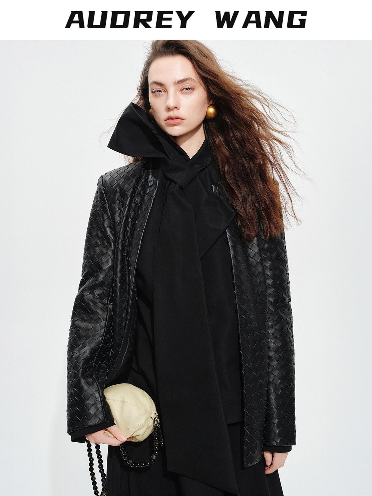 audreyyang Soft Lambskin Vintage Loose Fit Collarless Black Woven Women Leather Jackets