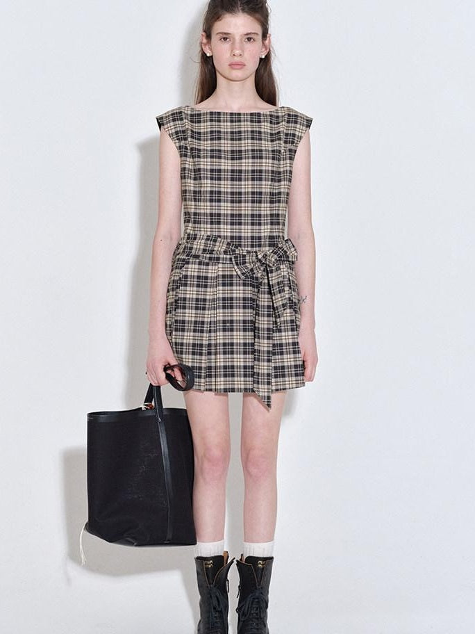 fano Plaid Sleeveless H Line Natural Waist Office Dress For Women Midi Dresses