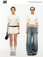 ikyou Rhinestone Lace Hollowout 3D Detail Minimal Commuter Slim Crop Knitwear Sweaters
