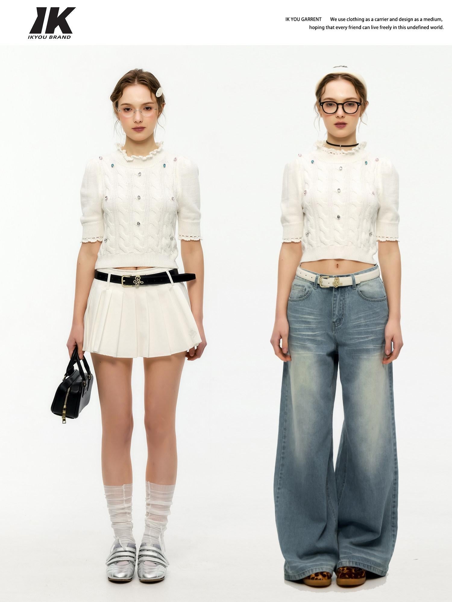 ikyou Rhinestone Lace Hollowout 3D Detail Minimal Commuter Slim Crop Knitwear Sweaters