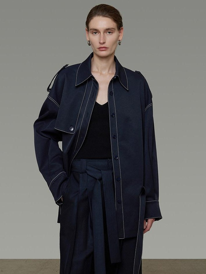 unspoken Vintage Loose Fit Irregular Pocket Detail Women Navy Polyester Trench Coats