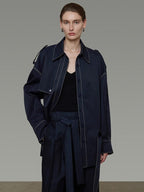 unspoken Vintage Loose Fit Irregular Pocket Detail Women Navy Polyester Trench Coats