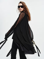 audreyyang Beaded Silk Elegant Loose Lantern Sleeve Tie Neck Black Midi Dresses