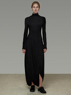 unspoken Modal Knit Turtleneck Slim Waist Long Sleeve City Workwear Black Maxi Dresses