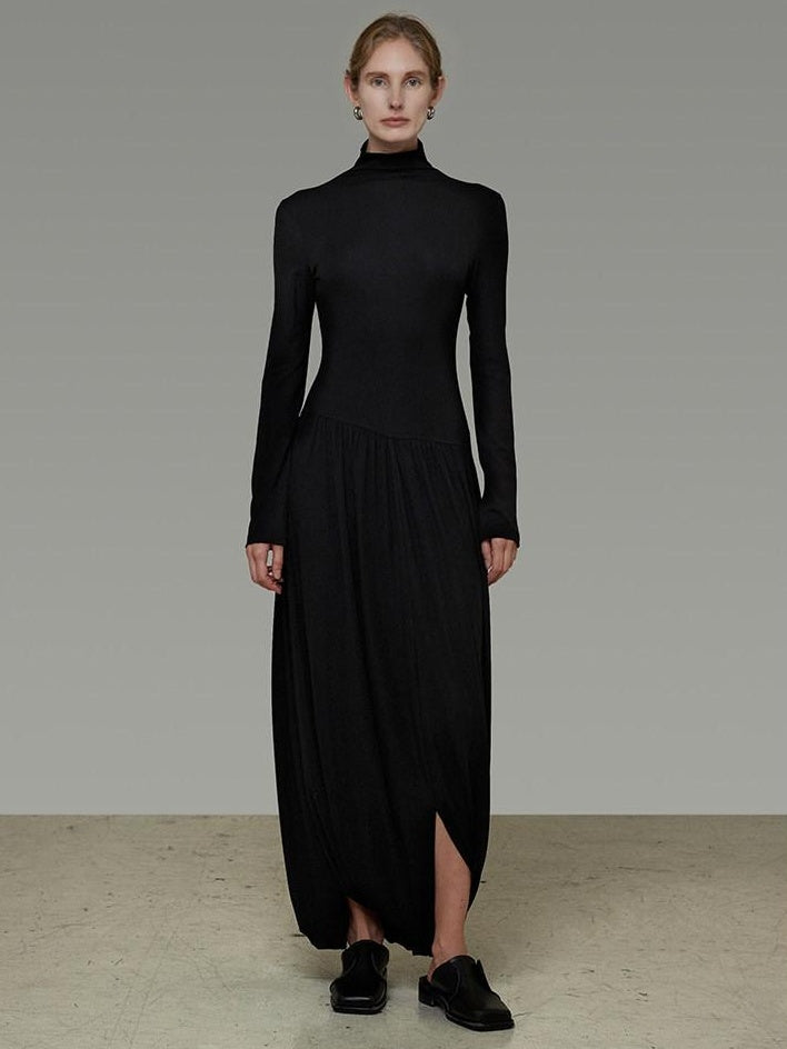 unspoken Modal Knit Turtleneck Slim Waist Long Sleeve City Workwear Black Maxi Dresses