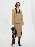 audreyyang Khaki Contrast Lapel Blazer Slit Loose Fit Long Sleeve Women Top & Skirt Sets
