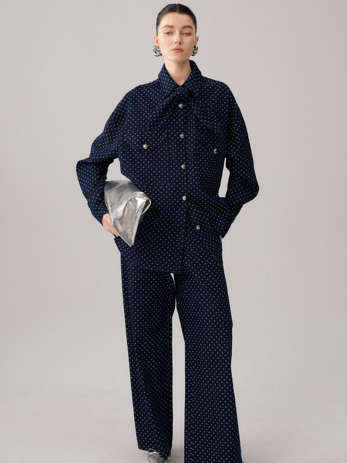 audreyyang Bow Detail Loose Fit Casual Women Daily Polka Dot Cotton Denim Jackets