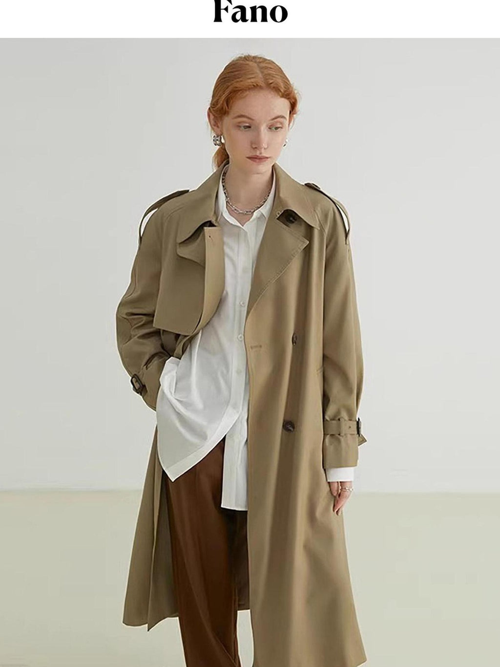 fano Classic Double Breasted Long Straight Fit Commuter Women Khaki Trench Coats
