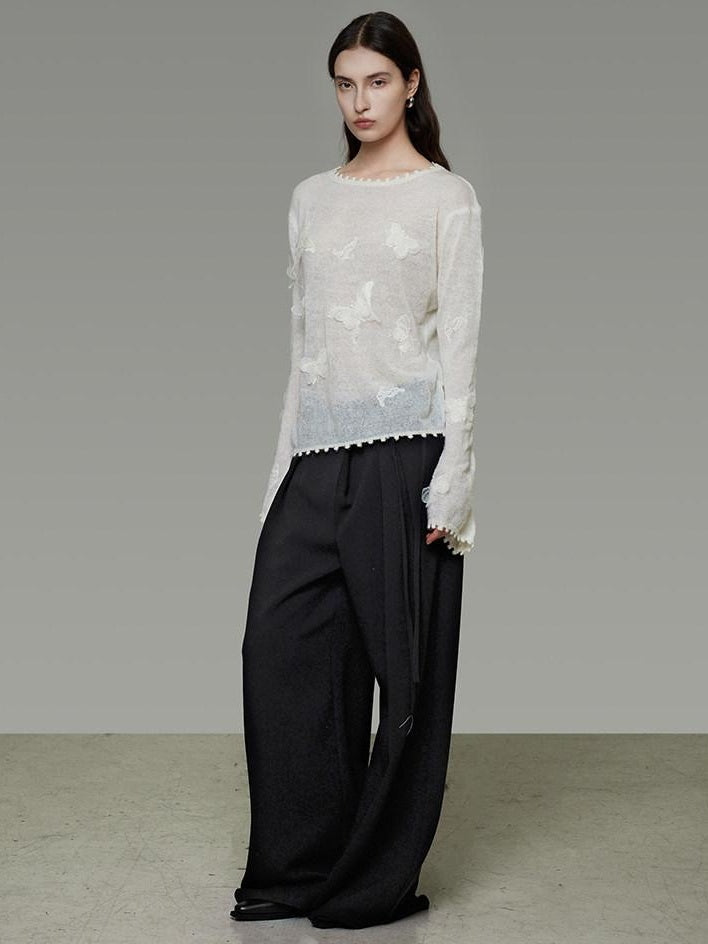 unspoken Breathable Knit Minimalist Relaxed Fit Butterfly Round Neck White Blouses