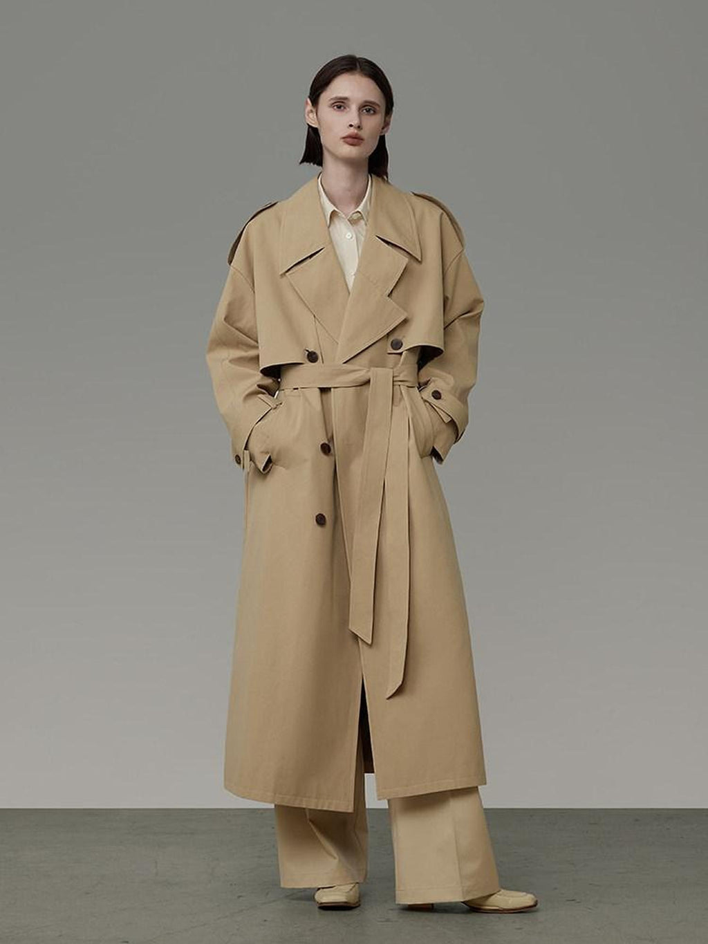 unspoken Pure Cotton Double Breasted Long Straight Minimal Women Khaki Trench Coats