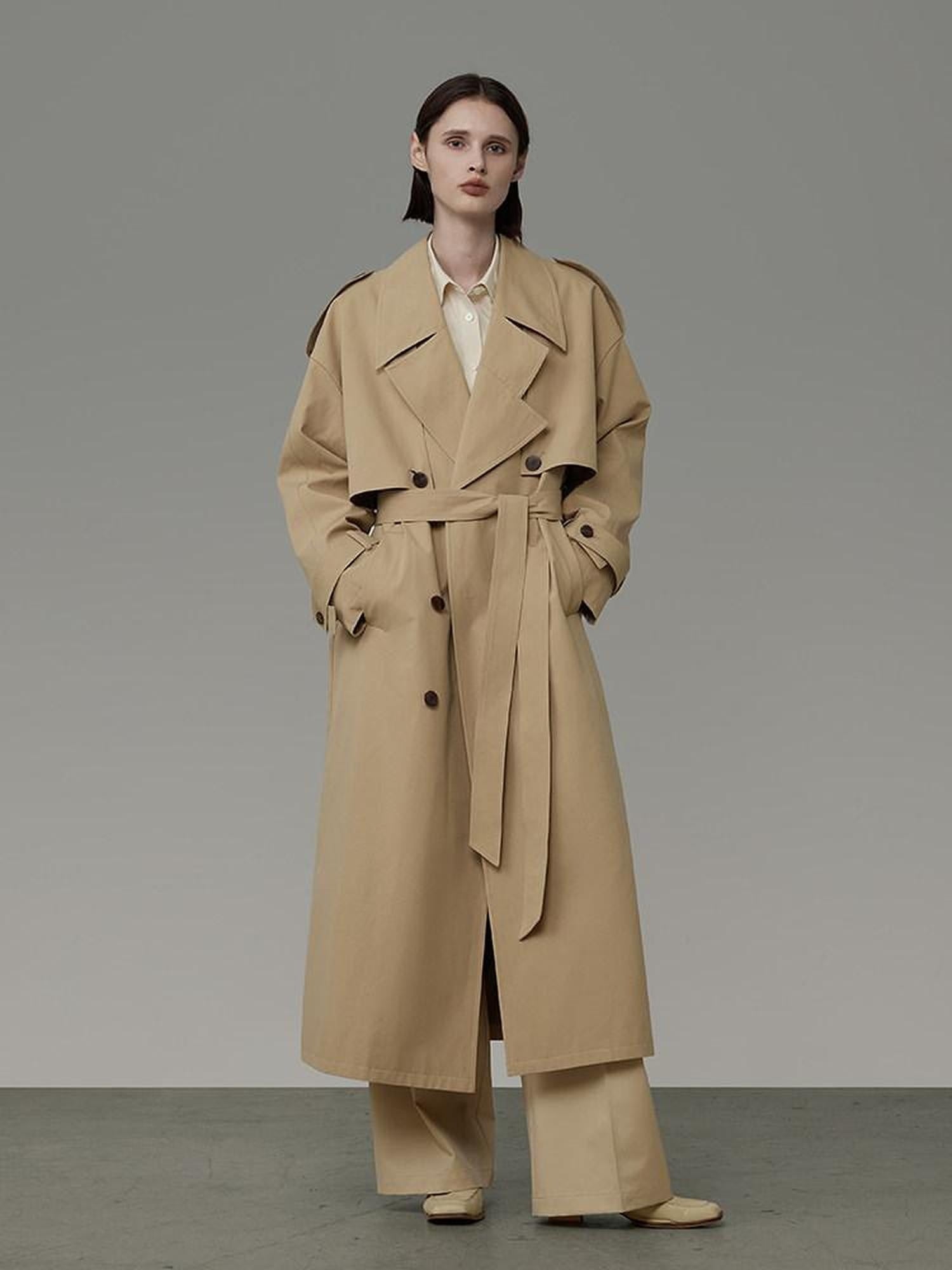 unspoken Pure Cotton Double Breasted Long Straight Minimal Women Khaki Trench Coats