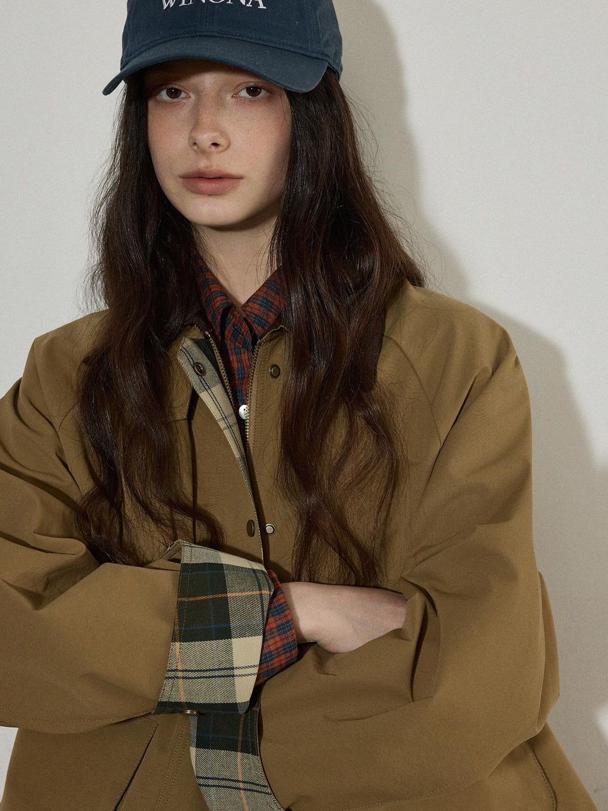 Lofi choose Plaid Zip Front Loose Fit Commuter Long Sleeve Women Sand Khaki Cropped Jackets