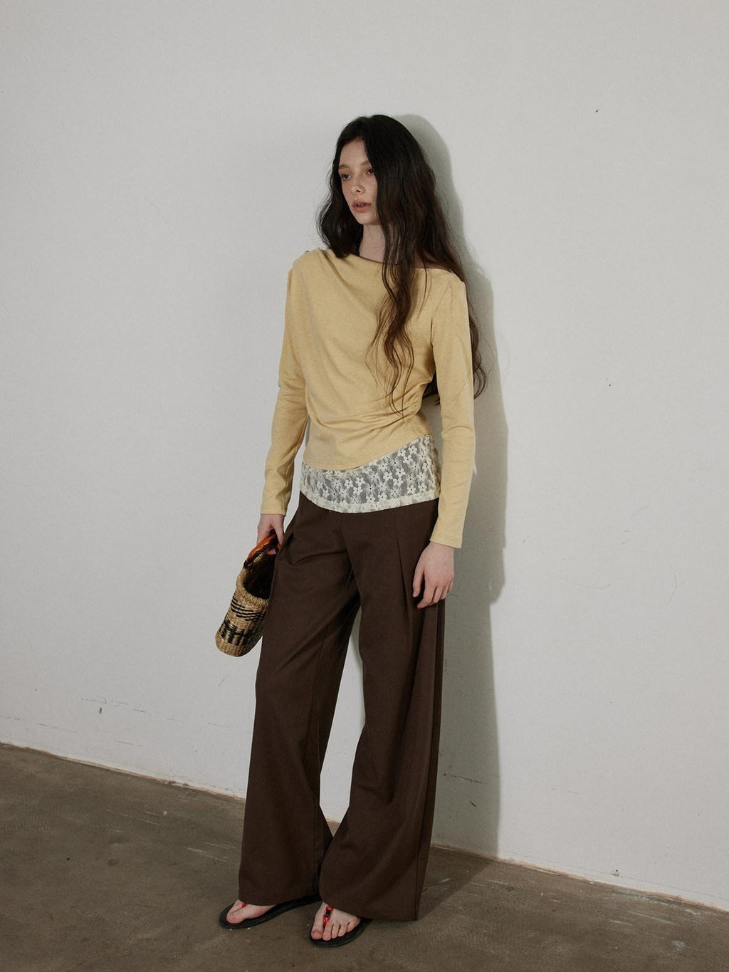 Lofi choose Cream Knit Paneled Relaxed Fit One Shoulder Women Long Sleeve T-Shirts