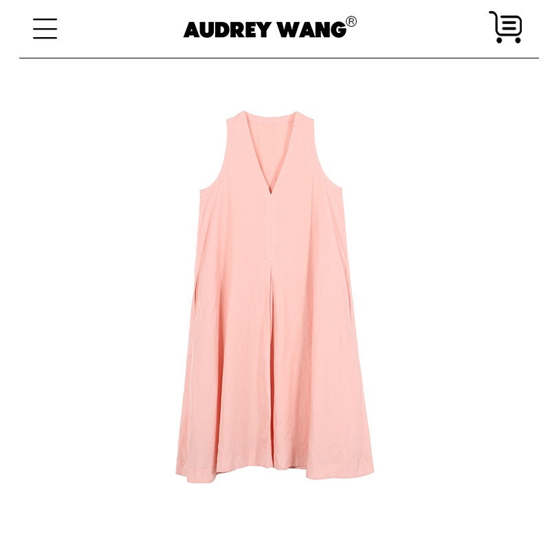 audreyyang_Linen_Blend_V-neck_Sleeveless_A_Line_Casual_Pink_Maxi_Dresses_MISSTT
