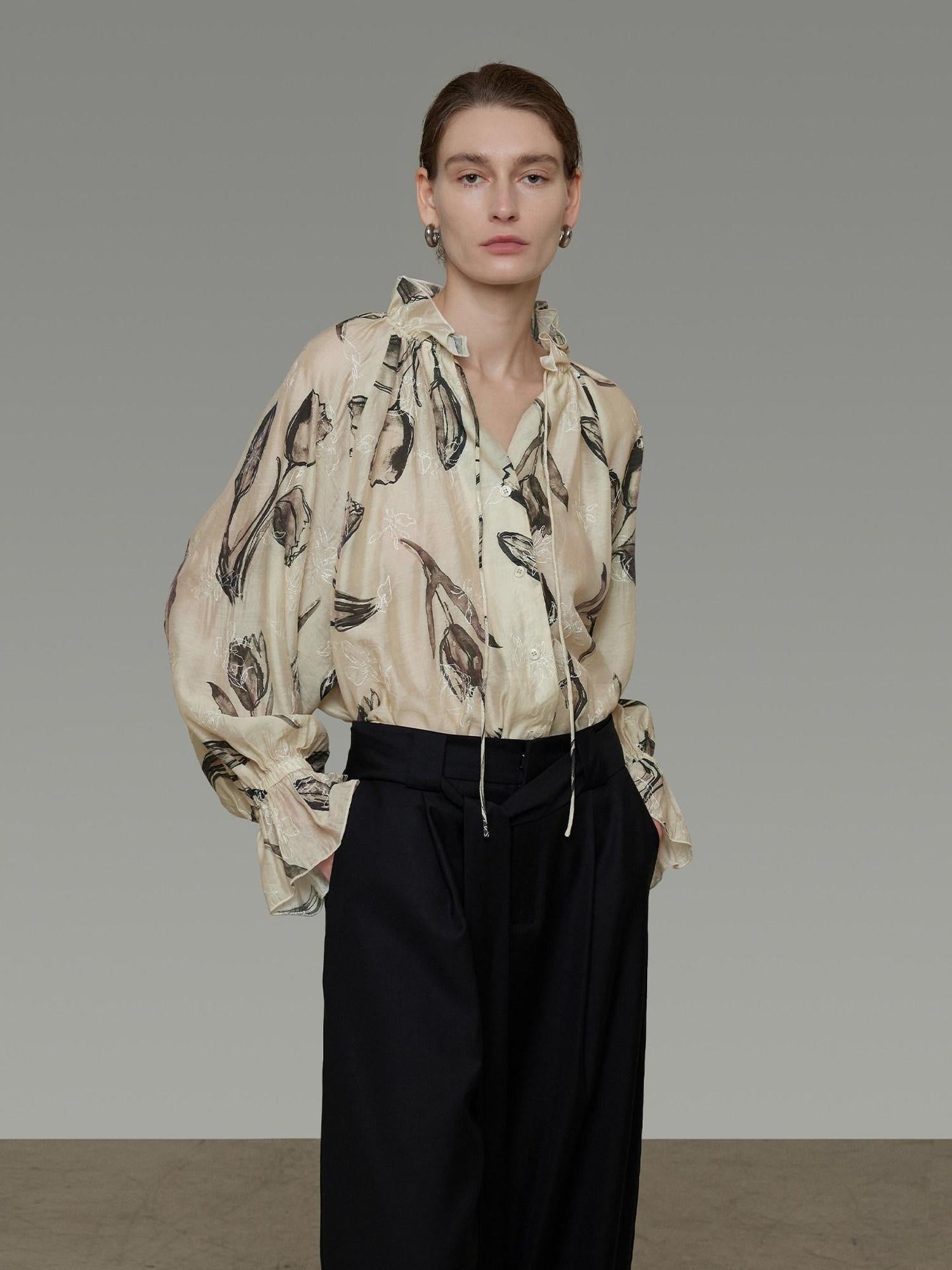 unspoken Breathable Soft Office Loose V-neck Embroidered Floral Viscose Blend Blouses