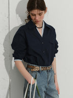 Lofi choose Soft Pure Cotton Colorblock Loose V-neck Button Long Sleeve Womens Navy Shirts