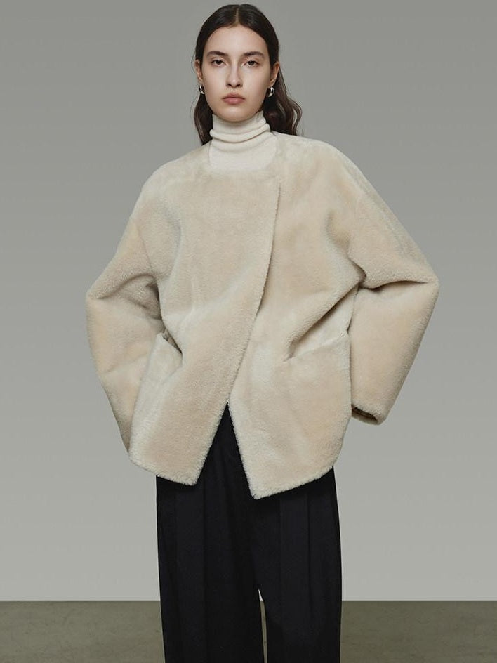 unspoken Warm Cream Collarless Minimalist Relaxed Fit Women Polyester Short Coat