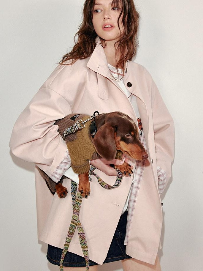 fano Pure Cotton Relaxed Commuter Stand Collar Midlength Peach Pink Trench Coats