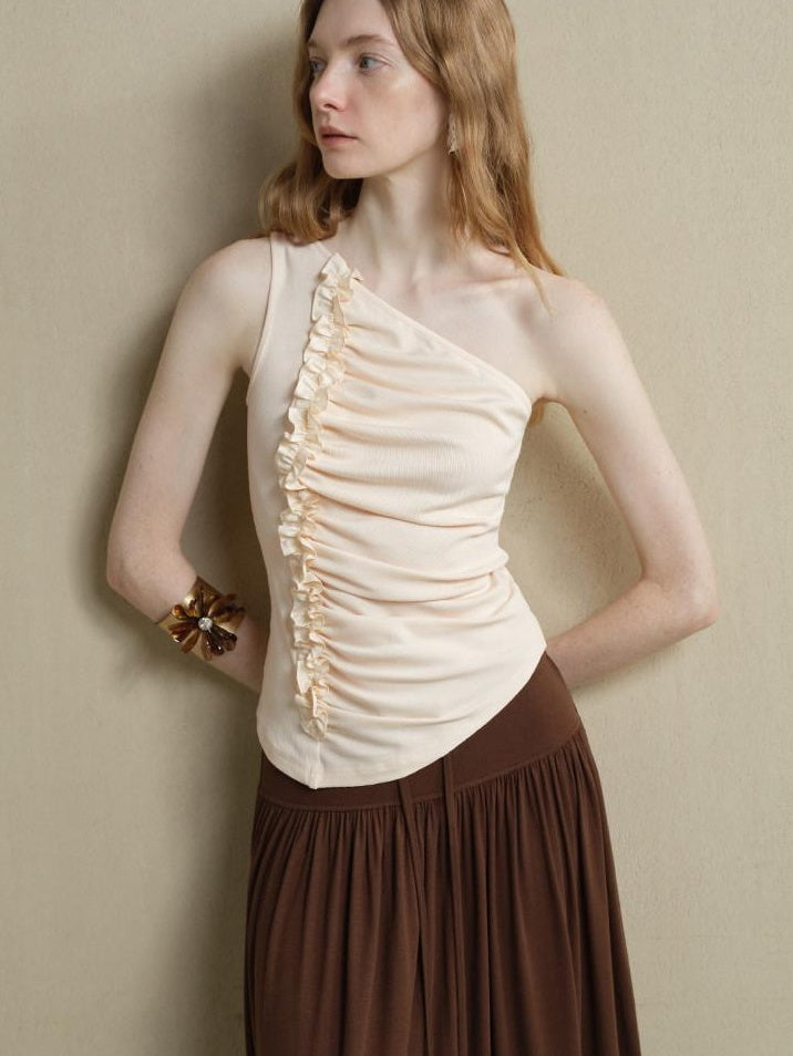 someone sometimes Soft Viscose Blend Slim Fit One Shoulder Beige Stretch Ruching Tank Tops