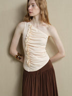 someone sometimes Soft Viscose Blend Slim Fit One Shoulder Beige Stretch Ruching Tank Tops