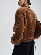 audreyyang Lambswool Trim Stand Collar Straight Short Zip Women Casual Bomber Jackets