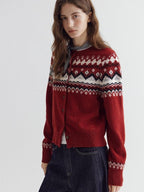 fano Warm Sheep Wool Jacquard Loose Korean Commuter Crewneck Red Women Cardigans