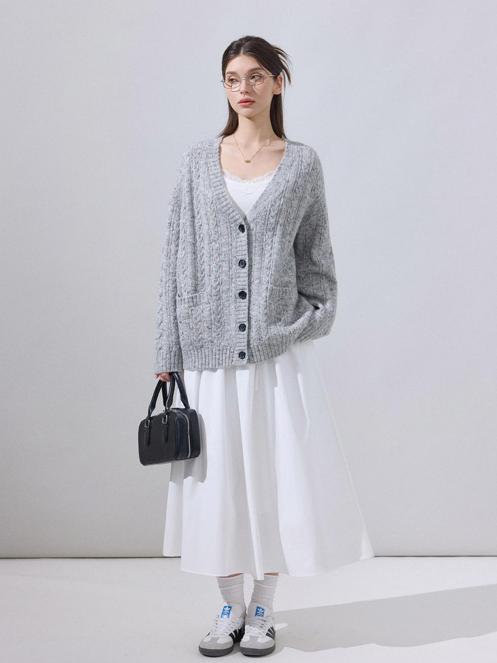 ikyou Soft Breathable Slouchy Loose V-neck Long Sleeve Gray Knit Casual Women Cardigans