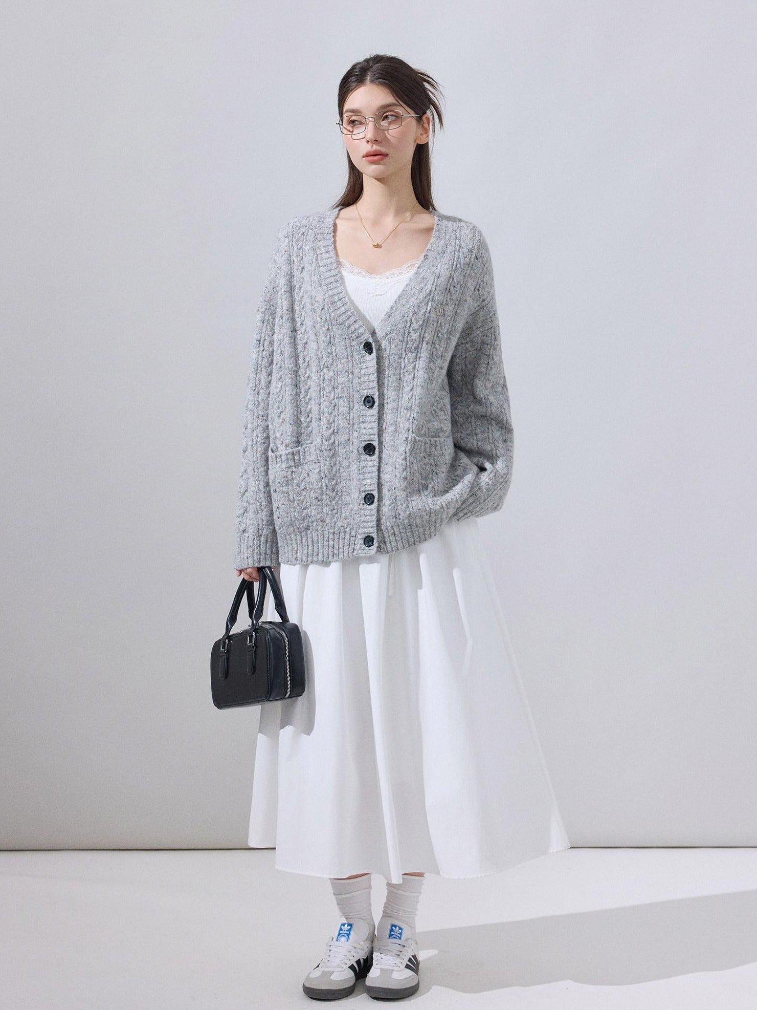 ikyou Soft Breathable Slouchy Loose V-neck Long Sleeve Gray Knit Casual Women Cardigans