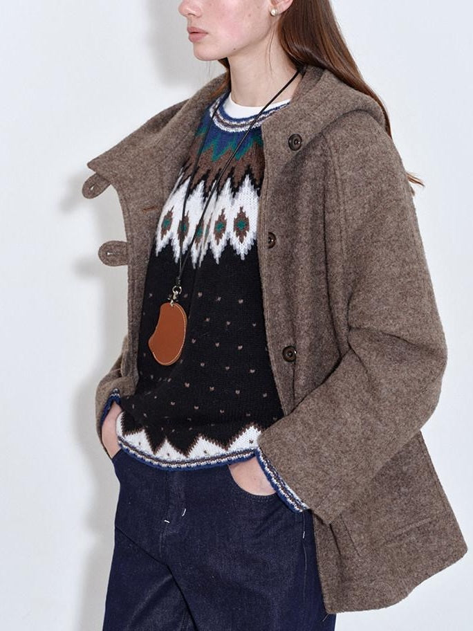 fano 75 Wool 25 Polyester Hooded Loose Fit Korean Commuter Brown Wool Coats