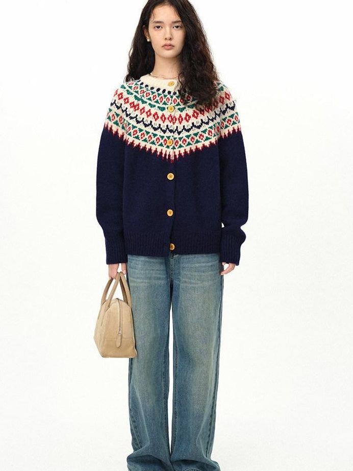 fano 100 Percent Wool Loose Fit Button Front Commuter Crew Neck Knit Cardigans