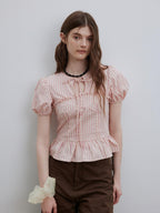 Lofi choose Puff Sleeve Tie Neck Loose Fit Office Workwear Short Sleeve White Pink Blouses