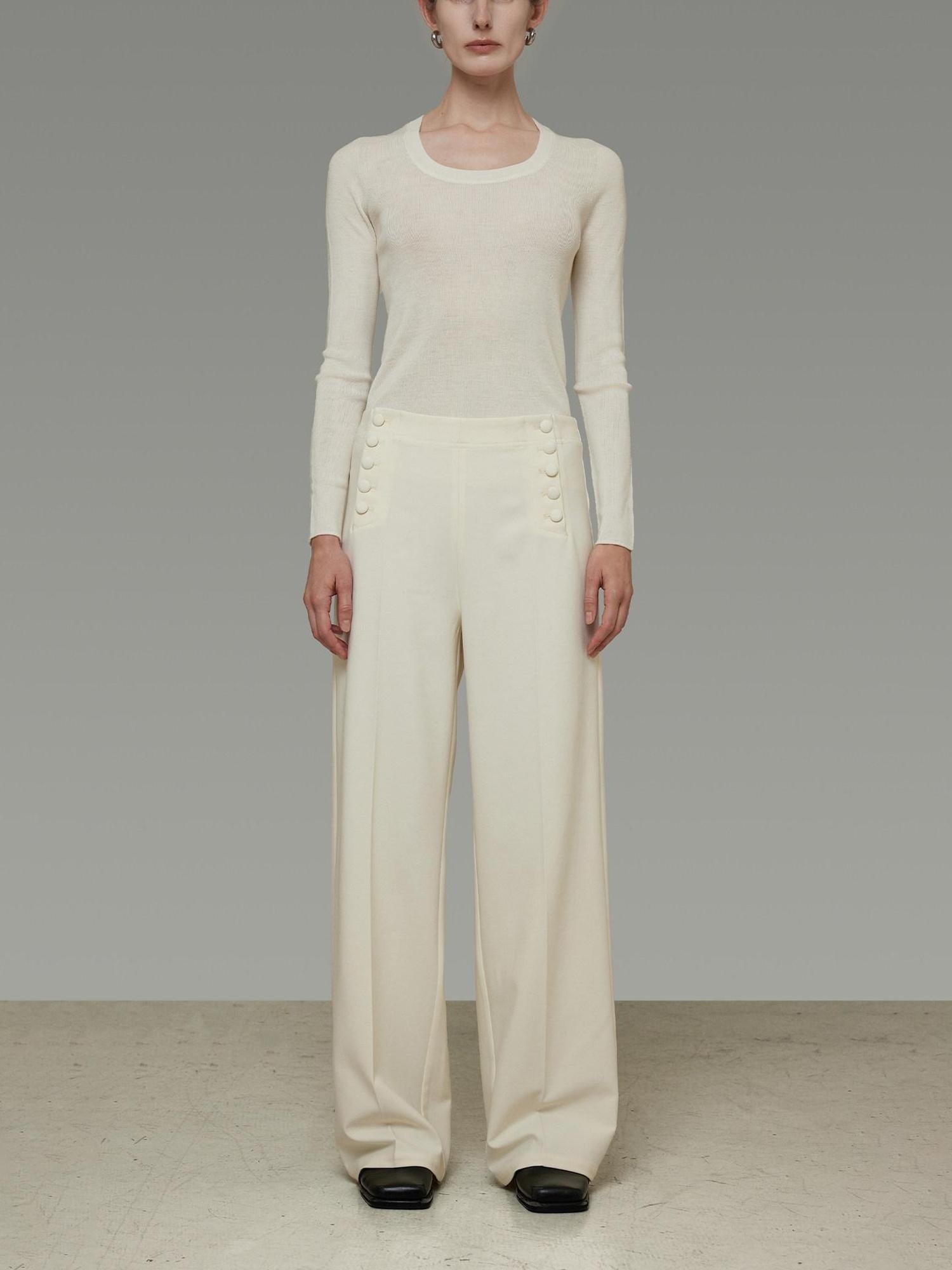 unspoken Breathable High Waist Button Detail Minimal Womens Office White Wide Leg Pants