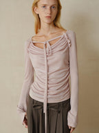 someonesometimes Lyocell Blend Slim Ruched Bell Sleeve Mauve Drape Neck Long Sleeve T-Shirts