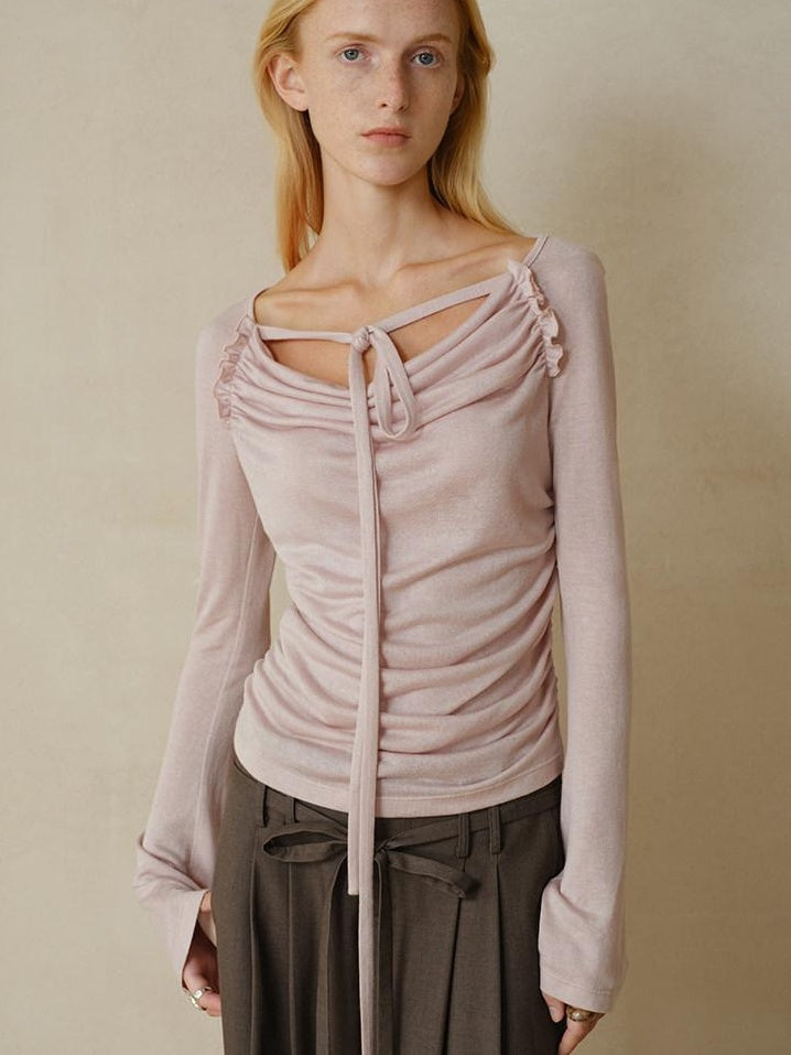 someonesometimes Lyocell Blend Slim Ruched Bell Sleeve Mauve Drape Neck Long Sleeve T-Shirts