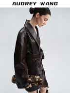 audreyyang Thick Vintage Croc Embossed Doublebreasted Midlength Women Pu Leather Jackets