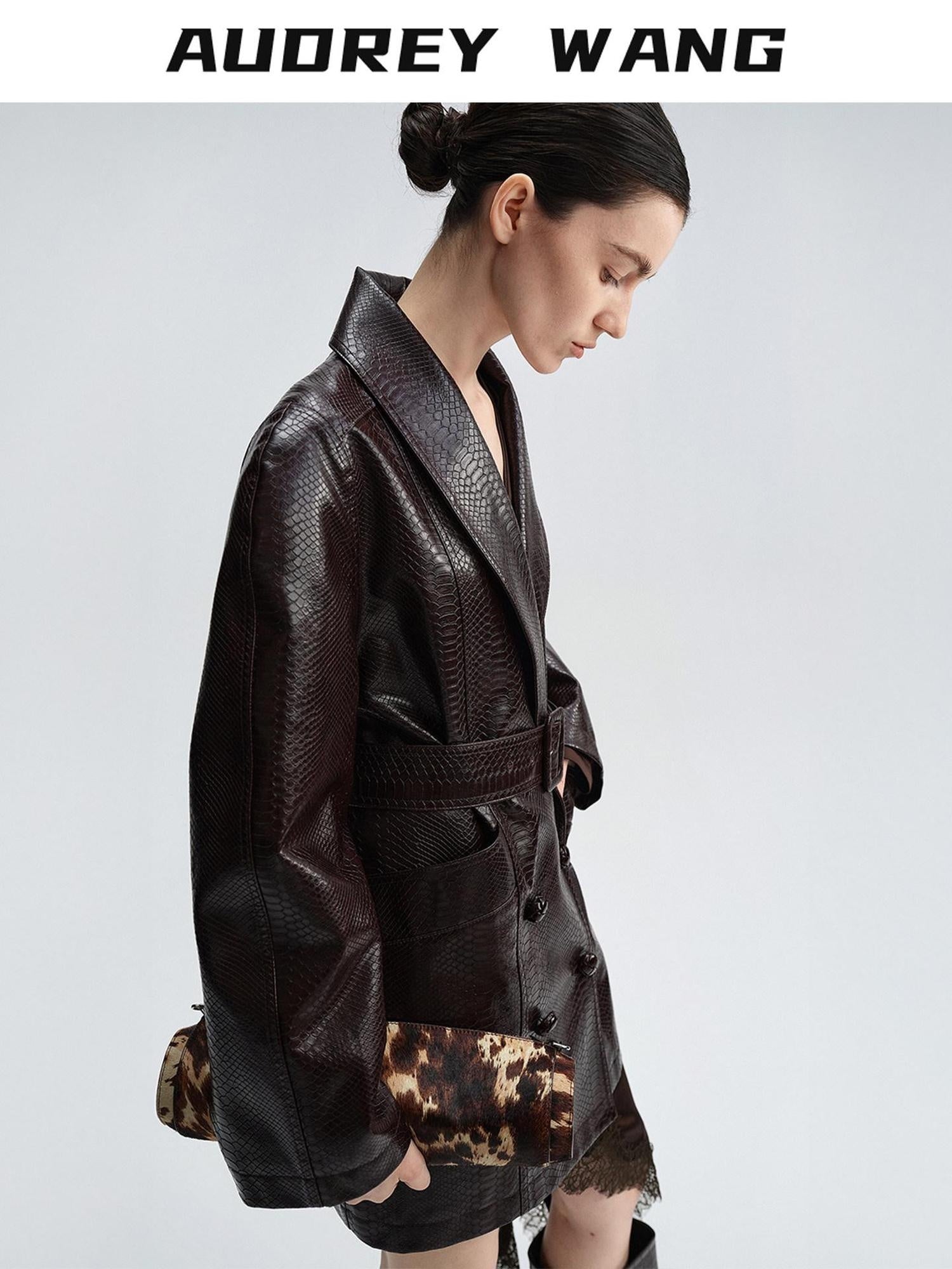 audreyyang Thick Vintage Croc Embossed Doublebreasted Midlength Women Pu Leather Jackets