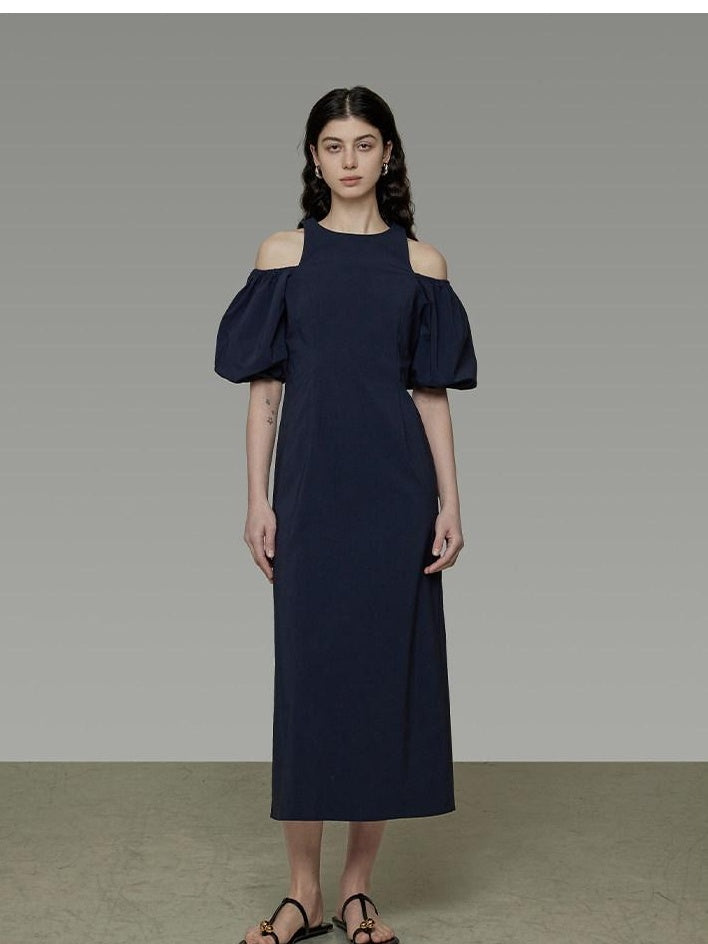 unspoken Slimming Waist A Line Irregular Hem Puff Sleeve City Navy Maxi Dresses
