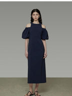 unspoken Slimming Waist A Line Irregular Hem Puff Sleeve City Navy Maxi Dresses
