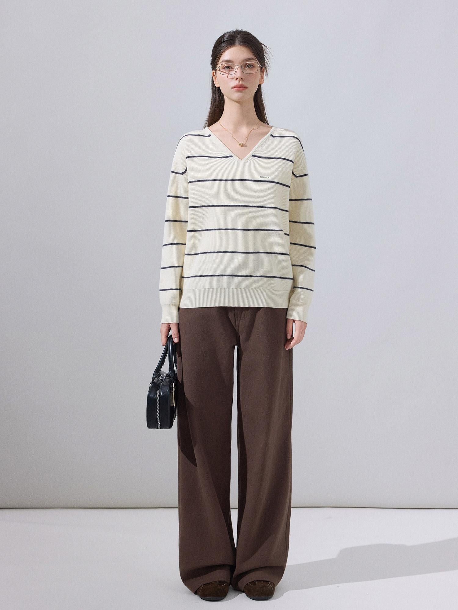 ikyou Soft Relaxed Striped V-neck Casual Women Viscose Blend Long Sleeve Sweaters