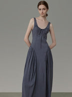 unspoken Pleated High Waist Minimal H Silhouette U Neck Sleeveless Office Maxi Dresses
