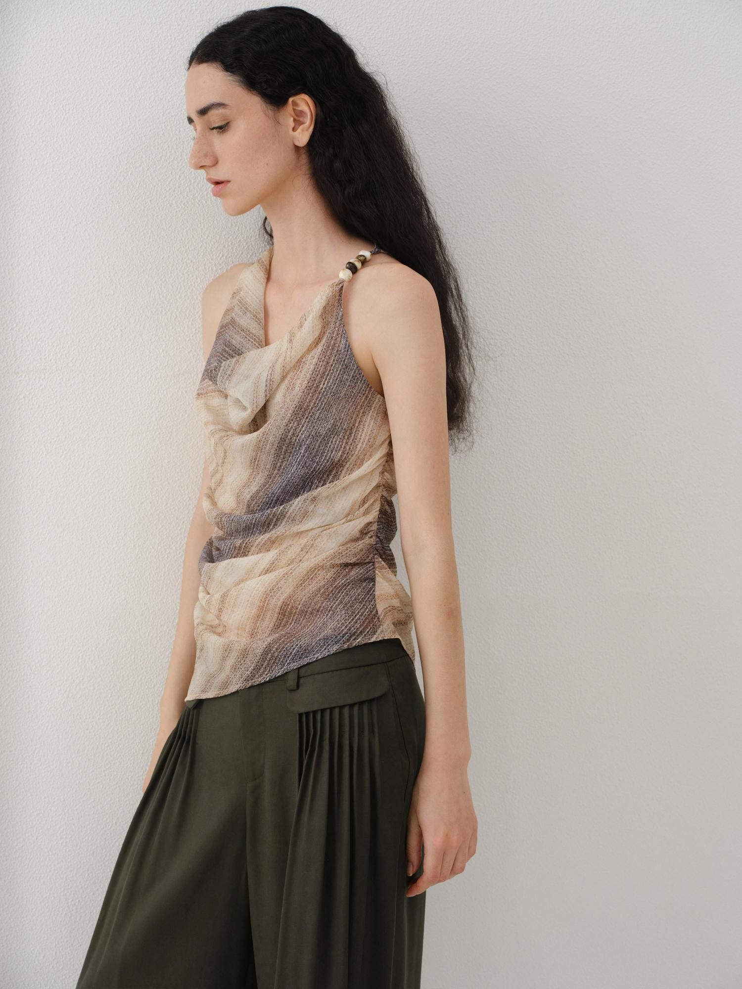 someonesometimes Original Asymmetric Patchwork Striped Slim Curve Khaki Brown For Women Vest